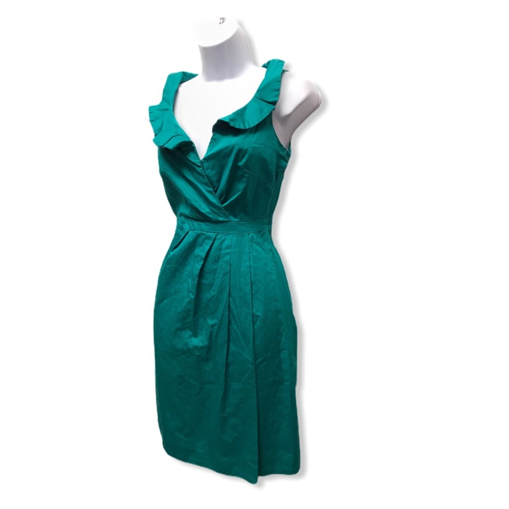 J. Crew | Emerald V-Neck Ruffle Detail Chic Dress •